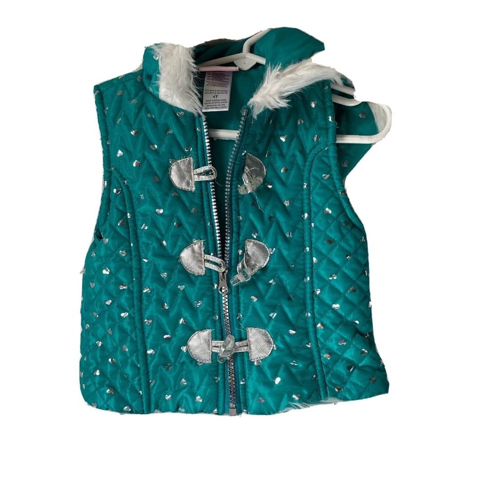 Little‎ Lass silver hearts vest teal hood faux fur toggle zip front Girl size 4T